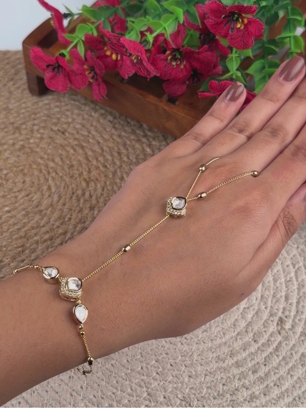 Hand Chain Bracelet with Clear Gem Accents